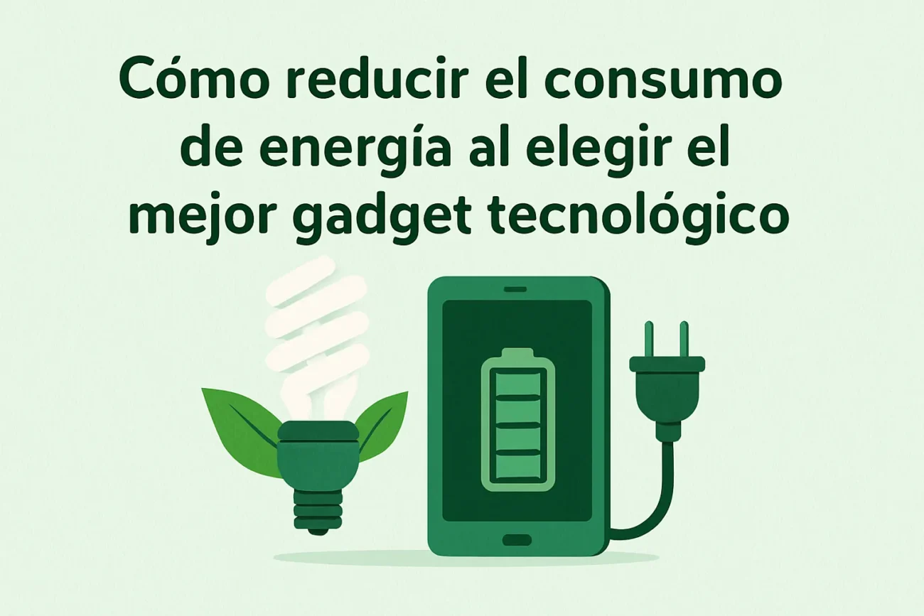 como-reducir-el-consumo-de-energia-en-Como-elegir-el-mejor-gadget-tecnologico - MT News Banner in Spanish about reducing energy use when choosing the best tech gadget, with a green smartphone, plug, and leaf-shaped bulb.